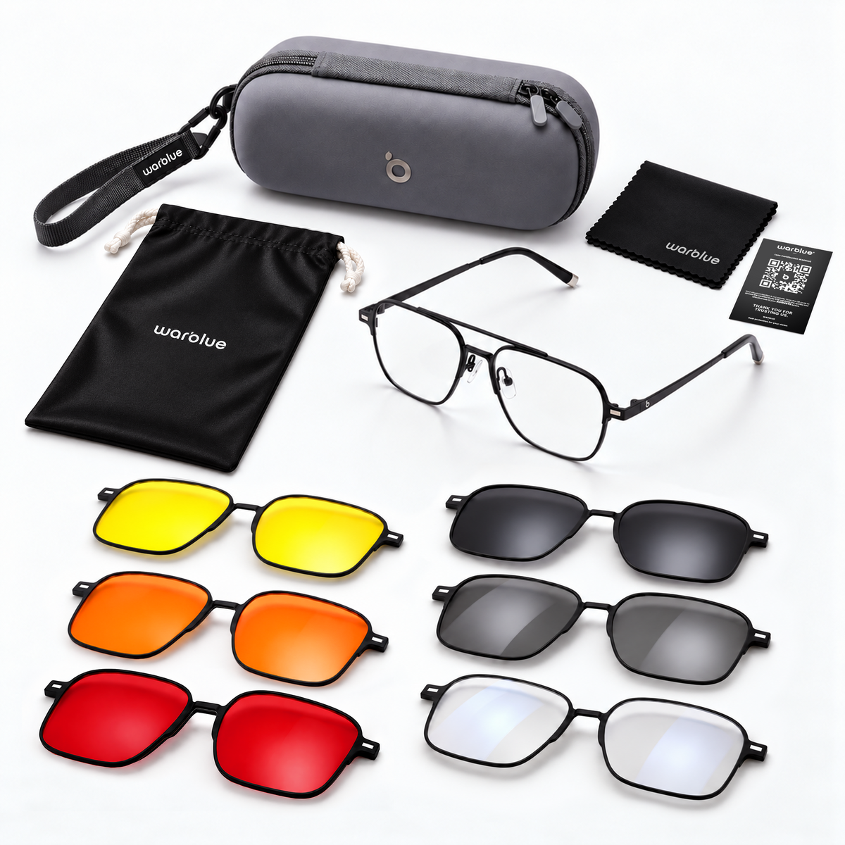 Kit da Viaggio Magnetico 6 in 1 – 4 Lenti Luce Blu + 2 Lenti da Sole · Predisposto per Lenti Graduate
